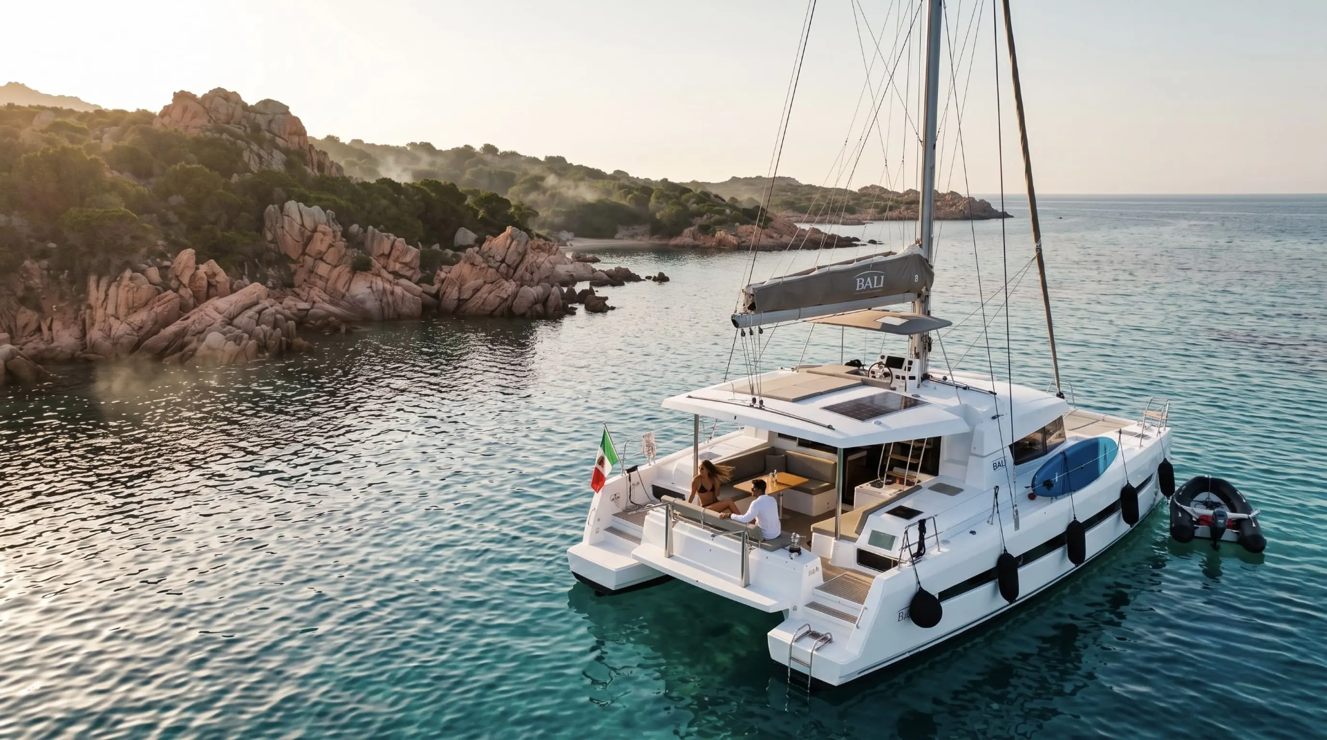 Catamarano di lusso ancorato all'alba